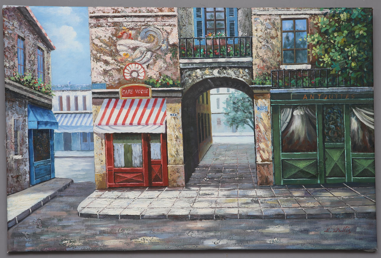 OIDENTIFIERAD KONSTNÄR. oil on canvas, city view, signed K. Wallis.