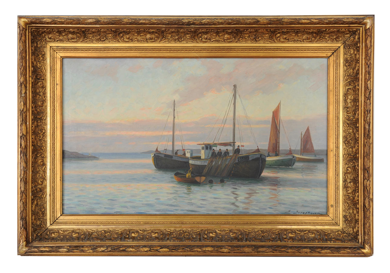HUGO JOSEPHSSON. Olja på duk, fiskebåtar, signerad.