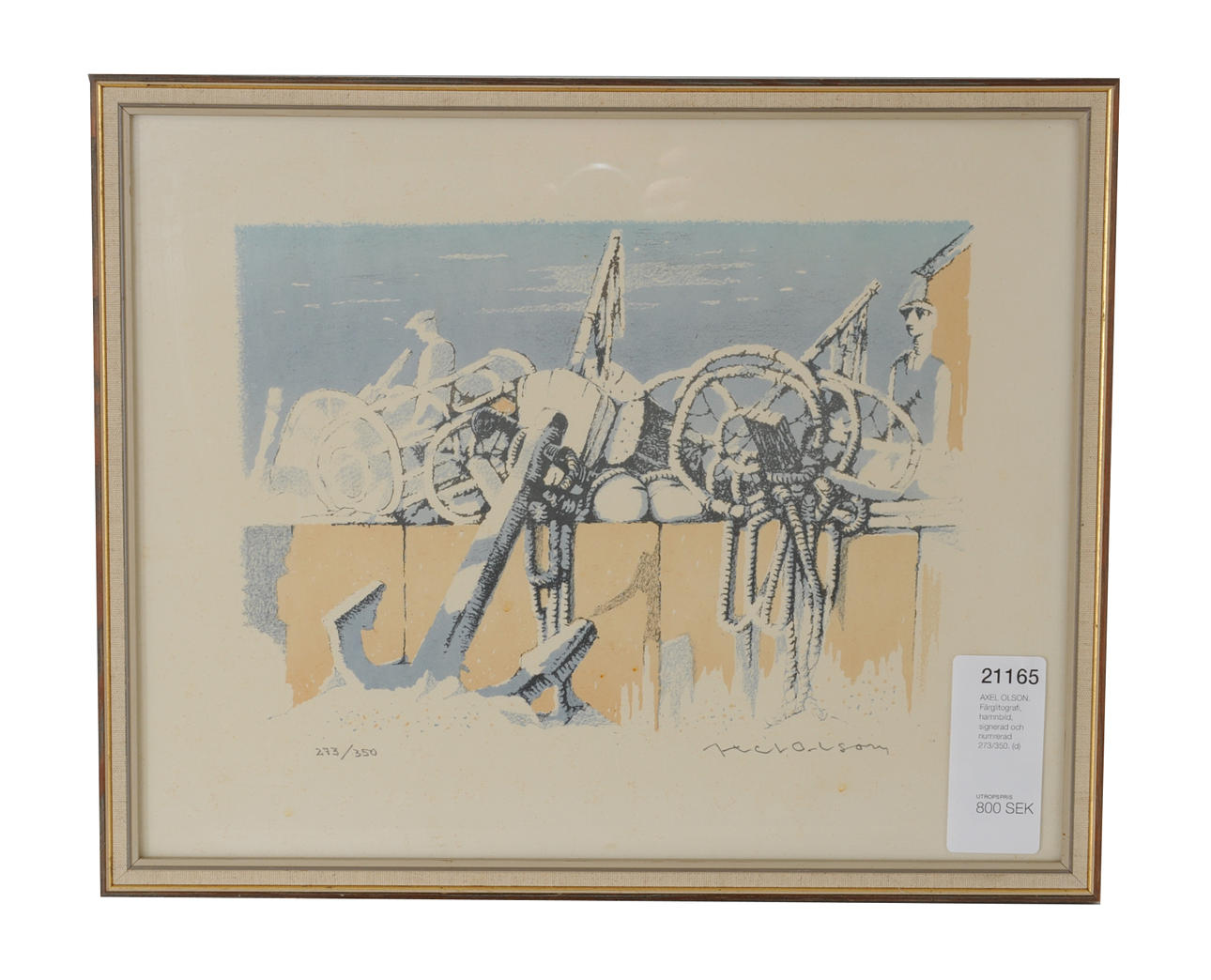 AXEL OLSON. Färglitografi, hamnbild, signerad och numrerad 273/350.