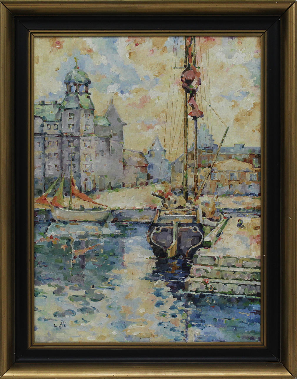 OKÄND KONSTNÄR, 1900-TALET. Malmömotiv och Kyrka. Olja på duk (3). Signerade Hugo Jeppson och en monogramsignerad.