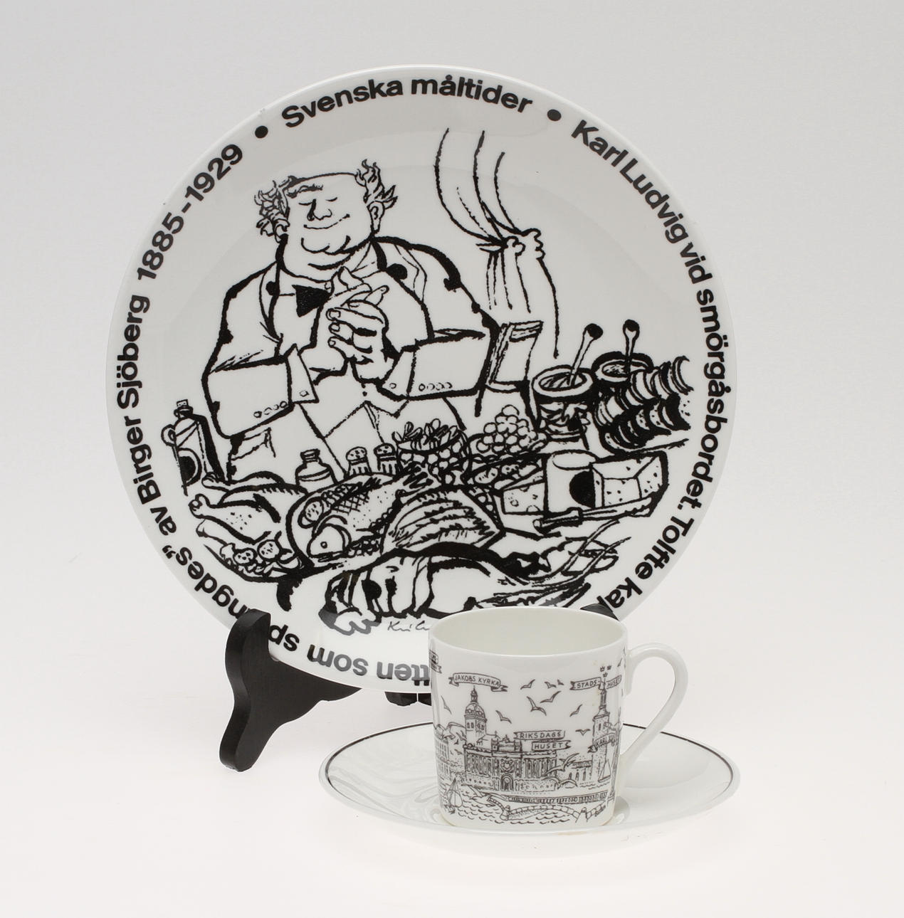 KAFFEKOPPAR med fat, 10 st, "Stockholm", Gustavsberg, TALLRIKAR, 3st, "Svenska måltider", Gustavsberg.