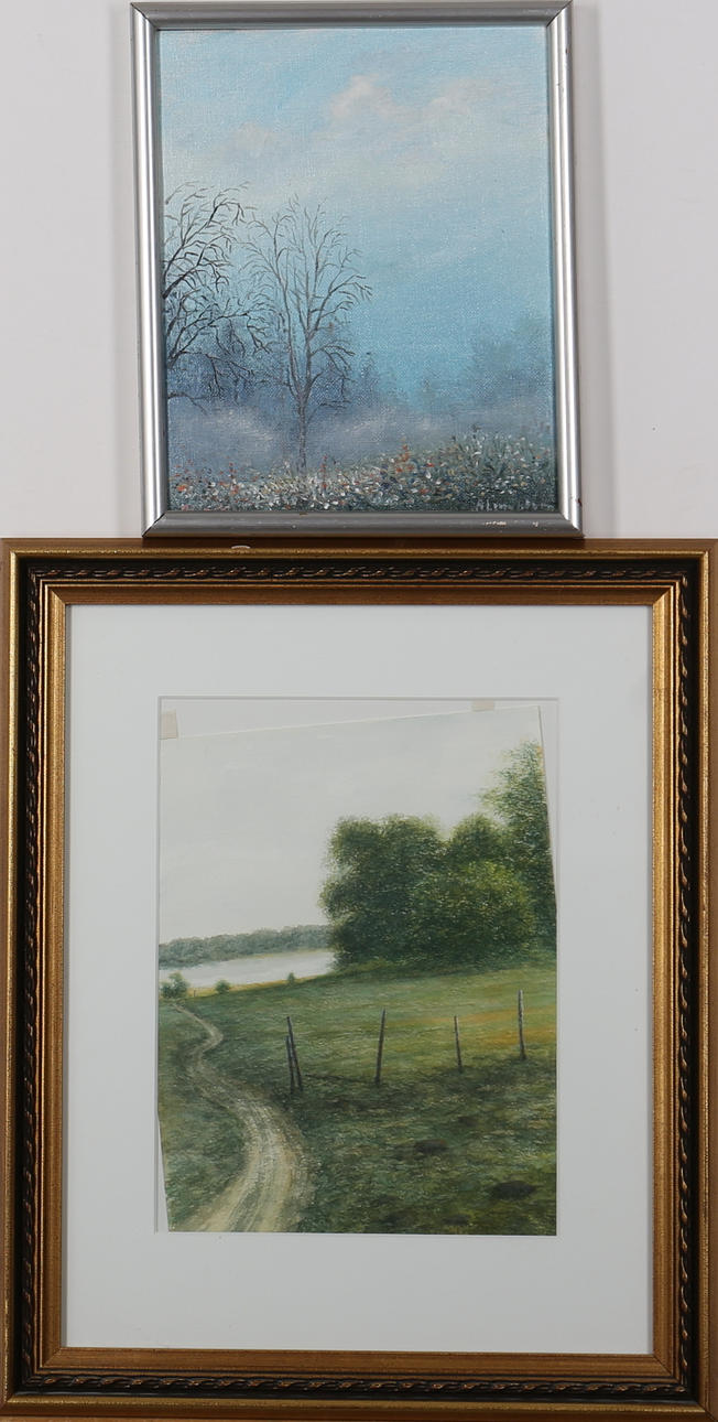 ARNOLD LINDBLOM. "Träd och blommor" samt "Sjövägen". Olja på duk/Gouache. 2 st. Signerad/Oidentifierad konstnär.