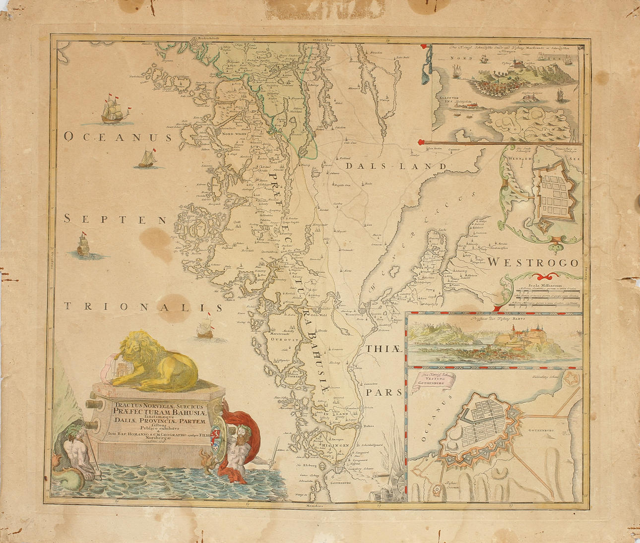 KARTA, handkolorerad gravyr, Tractus Norvegiae Suecicus, 1729.