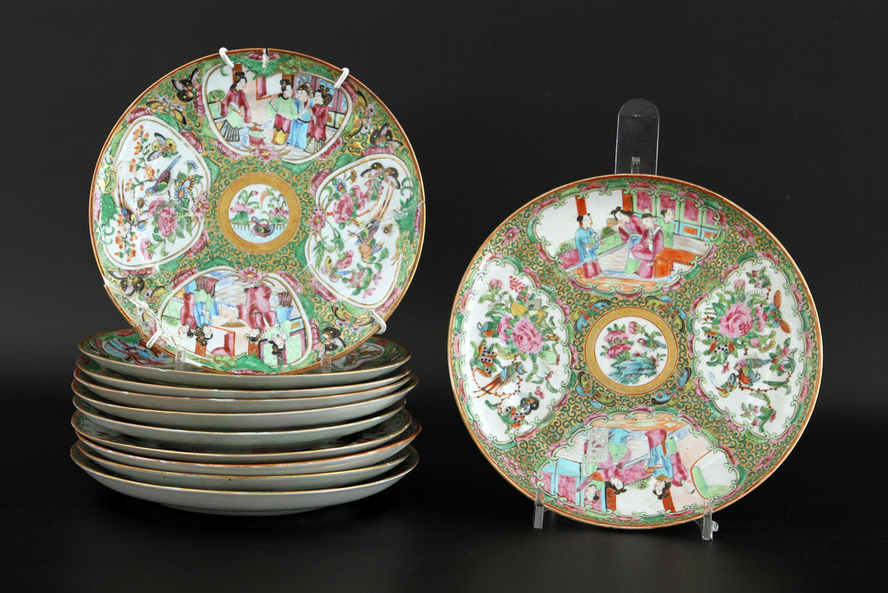 PARTI TALLRIKAR, 11 st, porslin, Kina, Kanton, sekelskiftet 1800/1900-tal.
