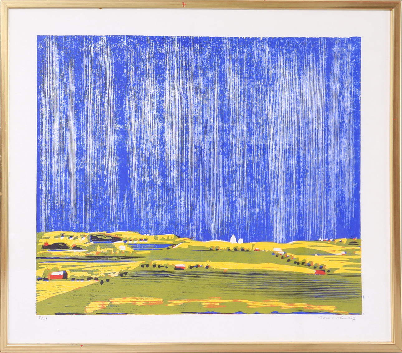 BERTIL ALMLÖF. Regn över Östgötaslätten, färglitografi, signerad.