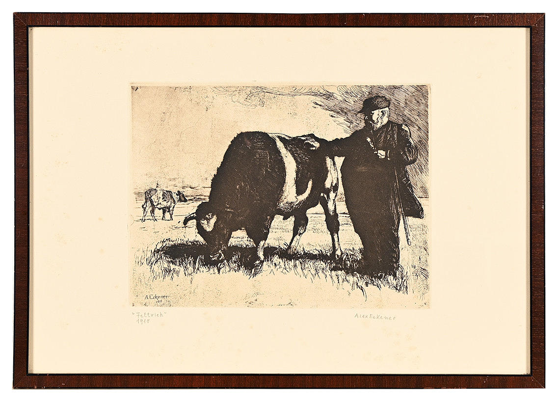 ALEXANDER ECKENER. "Fat Cattle". Etching. Dating 1910.
