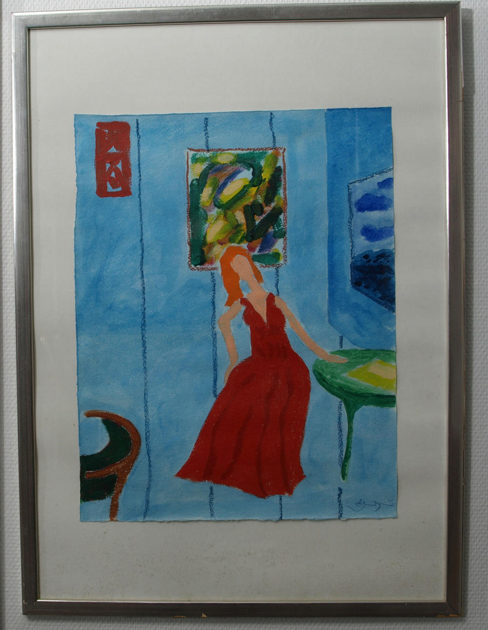 ROLAND K NILSSON. Blandteknik, Röd klänning, signerad.