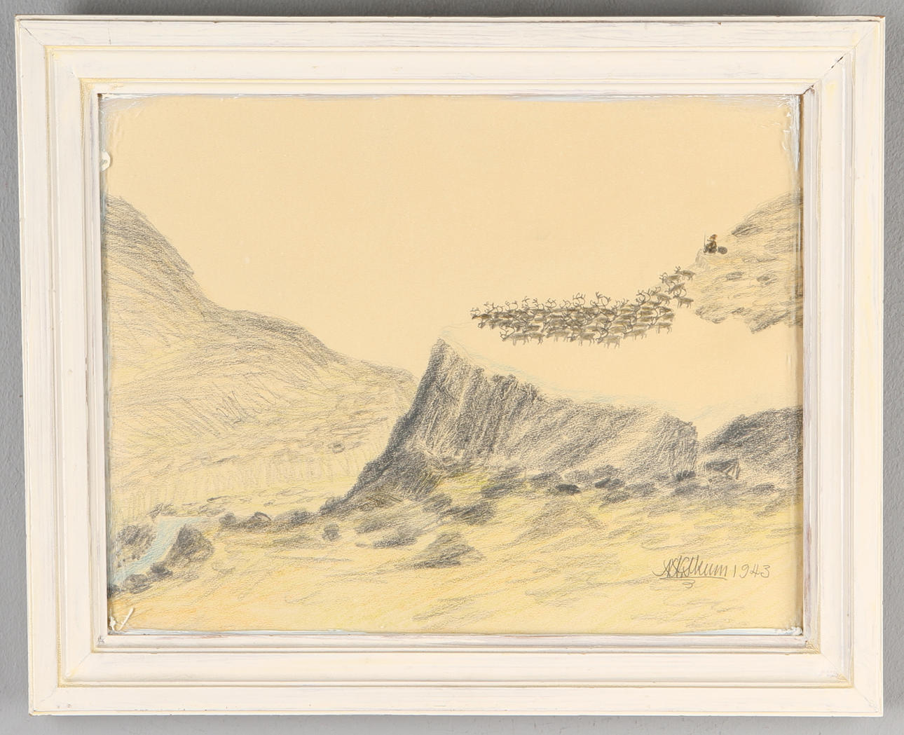 NILS NILSSON SKUM. Renhjord på fjäll, teckning, sign och dat 1943.
