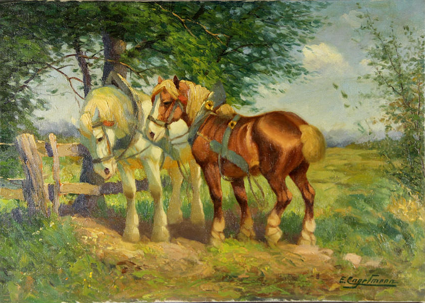 ERNST JULIUS ENGELMANN. Oljemålning på duk, Två hästar i hage, höger. botten sig. med E. Engelmann, mått 50x68.