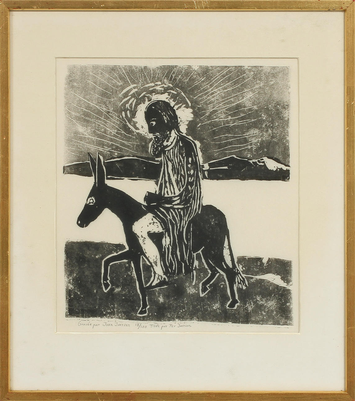 IVAN IVARSON. Jesus ridande på åsna, linoleumsnitt. Gravée par Ivan Ivarson 18/100. Tirée par Per Ivarson.
