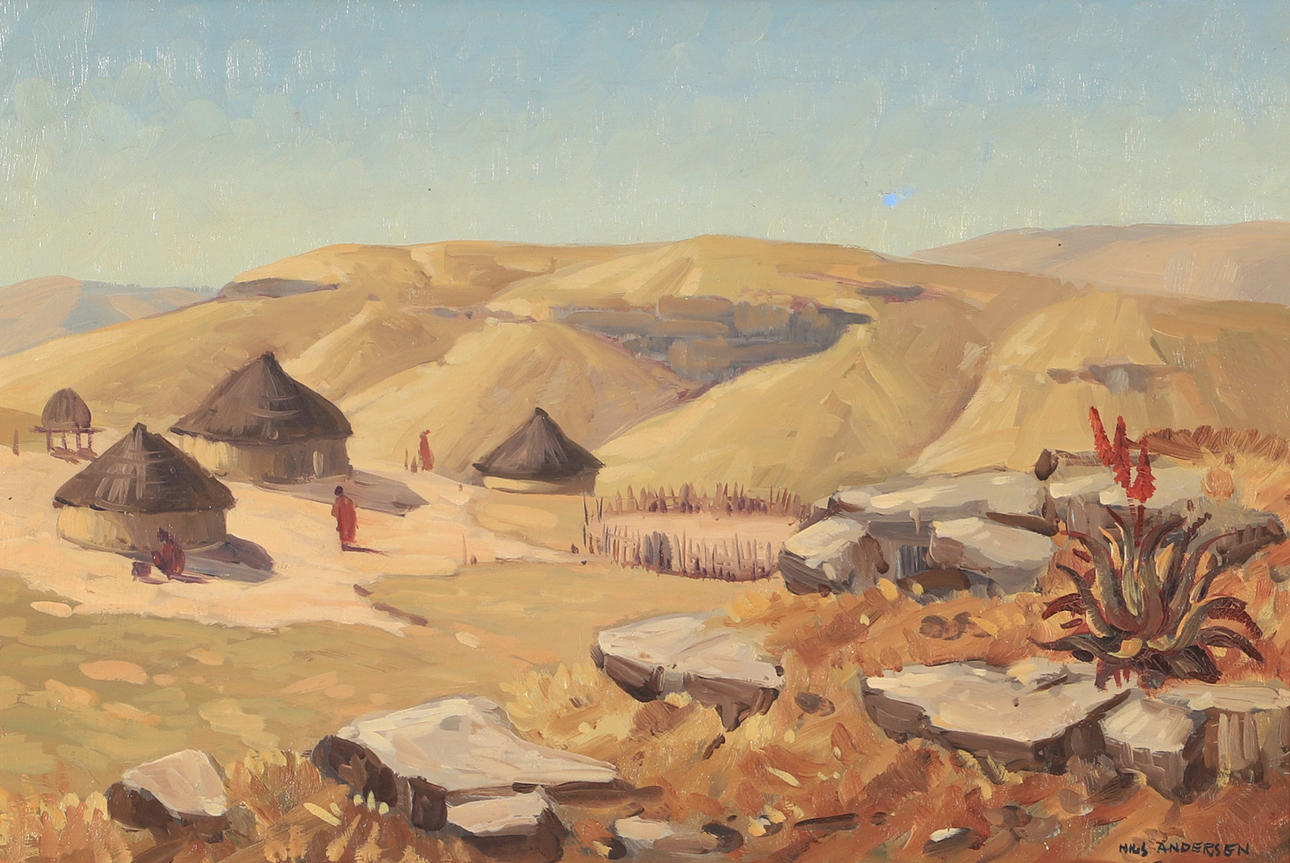 NILS ANDERSEN. Landscape with huts, oil on Board, signed.