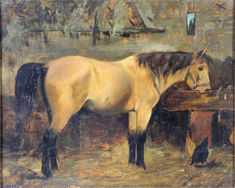 HEINRICH KOCH. oljemålning på trä, häststall med häst och höns.