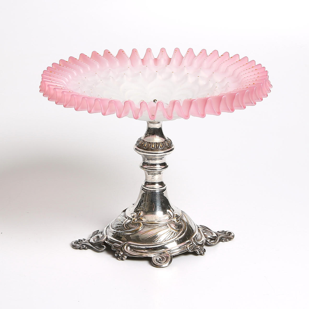 BORDSUPPSATS, glas samt nysilver, jugend, omkring år 1900.