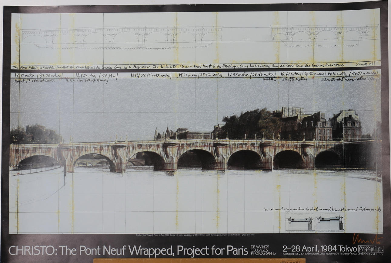 CHRISTO. Affisch. The Pont Neuf Wrapped, Project for Paris. Tokyo 1984. Handsignerad Christo.