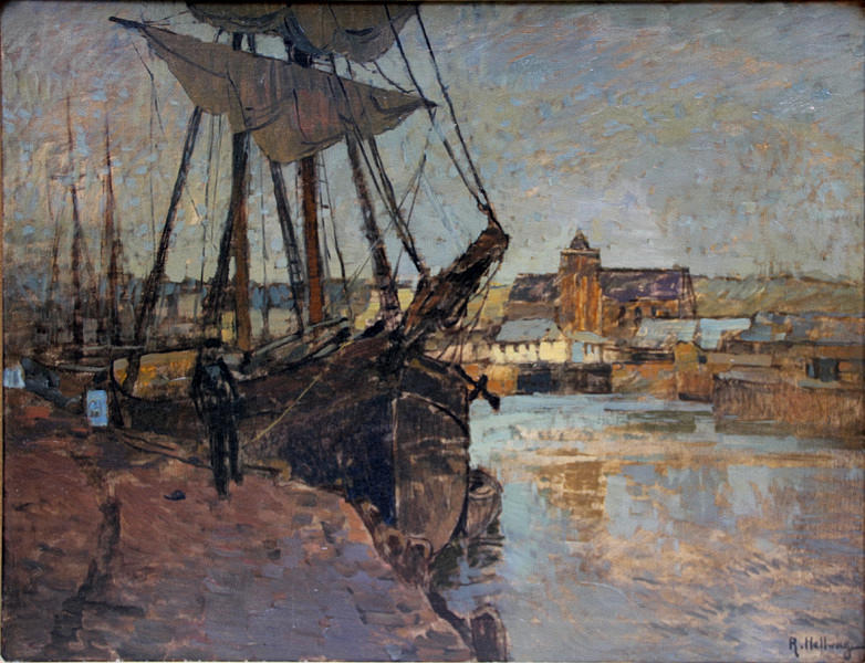 RUDOLF HELLWAG. oljemålning på duk, franska hamnen med utsikt över en kyrka.