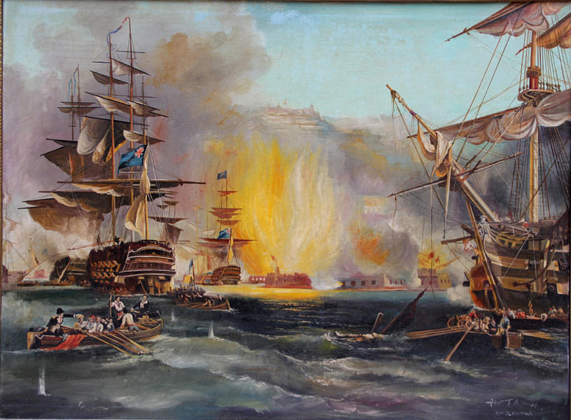 KÜNSTLER UNBEKANNT. Oljemålning på duk, sjöstrid med många segelfartyg i stil med 17/18. 1800-talet.