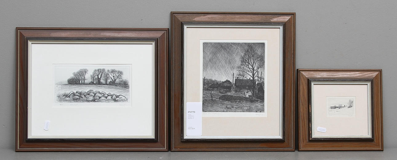 ERLING JOHANSSON. Etsningar, 3 st, signerade.