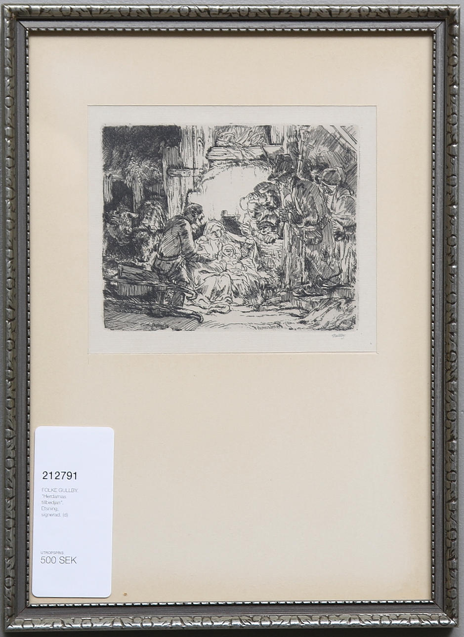 FOLKE GULLBY. "Herdarnas tillbedjan". Etsning, signerad.