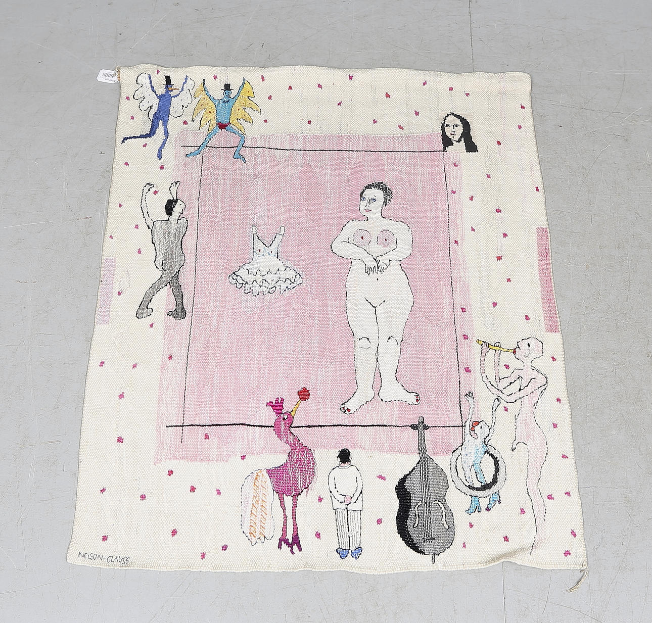 BIRGITTA NELSON CLAUSS. väggtextil, "Ballerina med för liten klänning".