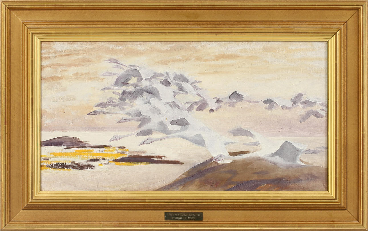BRUNO LILJEFORS (1860-1939). Sträckande svanar i ytterskärgård. Olja på duk.