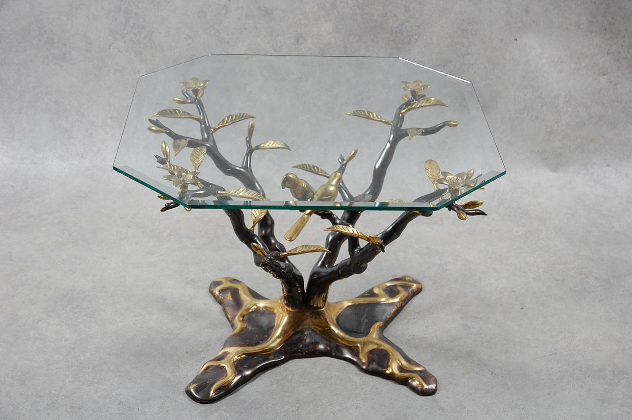 BORD, glas, gjuten mässing, med fåglar.