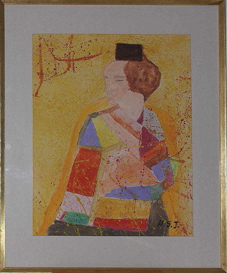 OIDENTIFIERAD KONSTNÄR. akvarell, kvinna i kimono, signerad H.S.J.