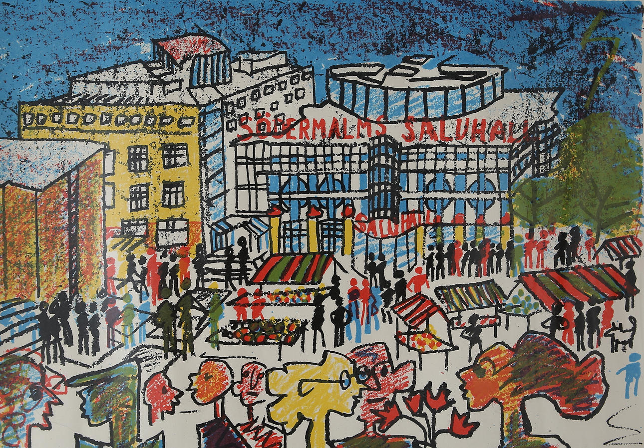STIG (SLAS) CLAESSON. "Södermalms Saluhall", färglitografi, signerad P.T upplaga.