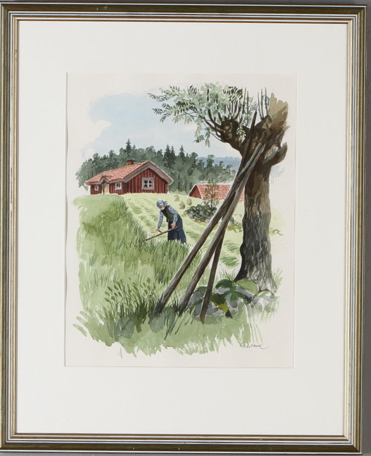 BJÖRN GIDSTAM. Gårdsmotiv, akvarell, signerad.