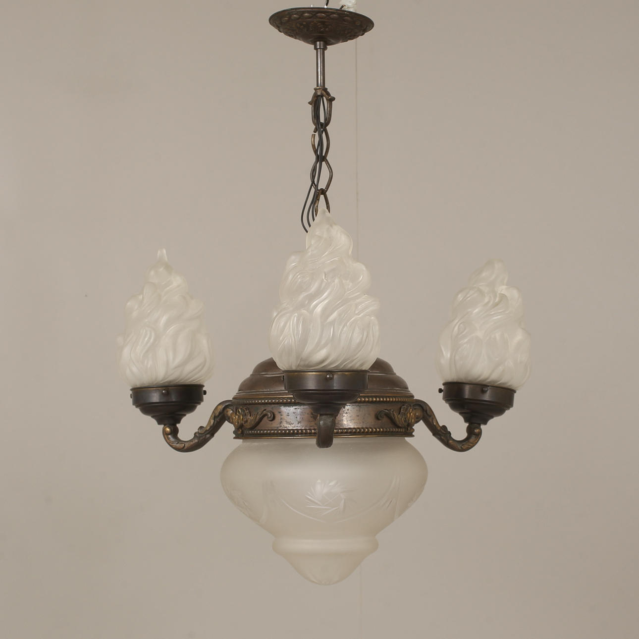 CEILING LAMP, copper and glass, 20th century.