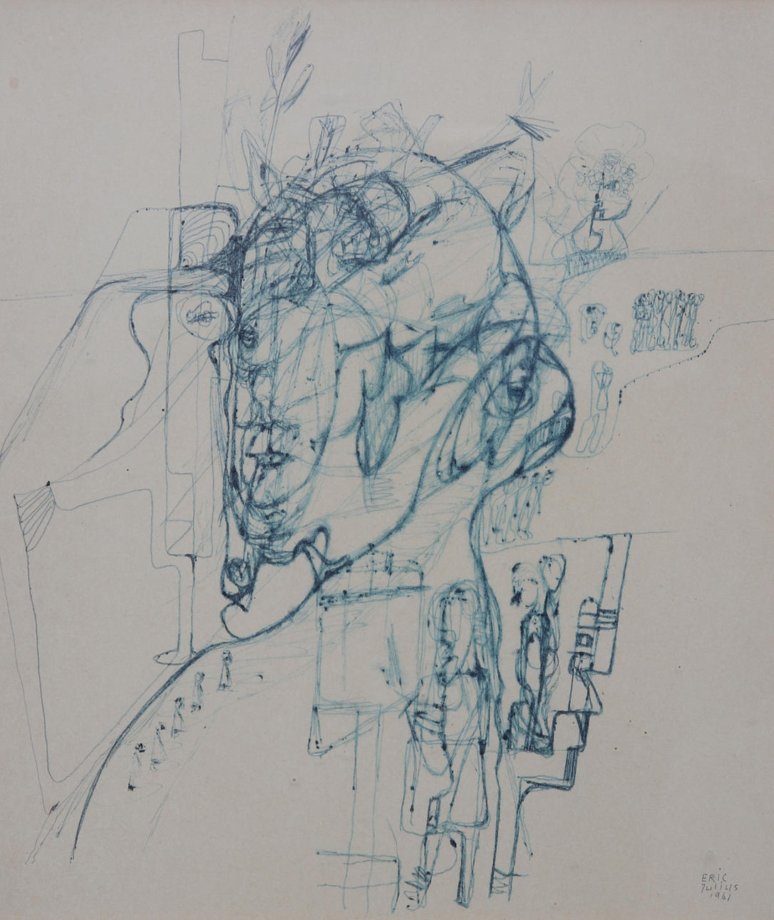 ERIC JULIUS. drawing, surrealist figure composition, signed, dated 1961.