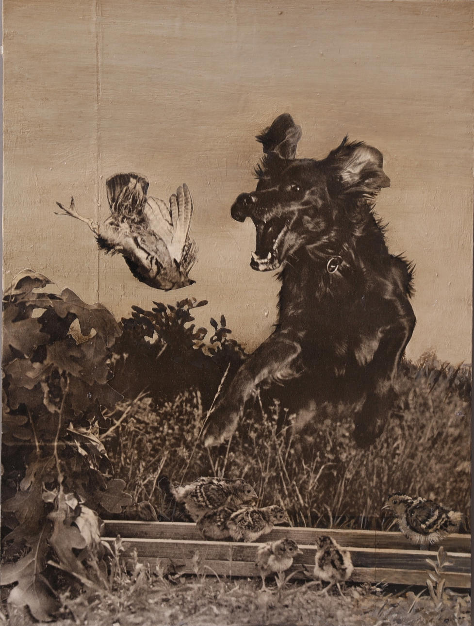 ANNA-KARIN BRUS. collage/olja på mdf, signerad a tergo A-K Brus 2009, "Barnvakt / Babysetter".