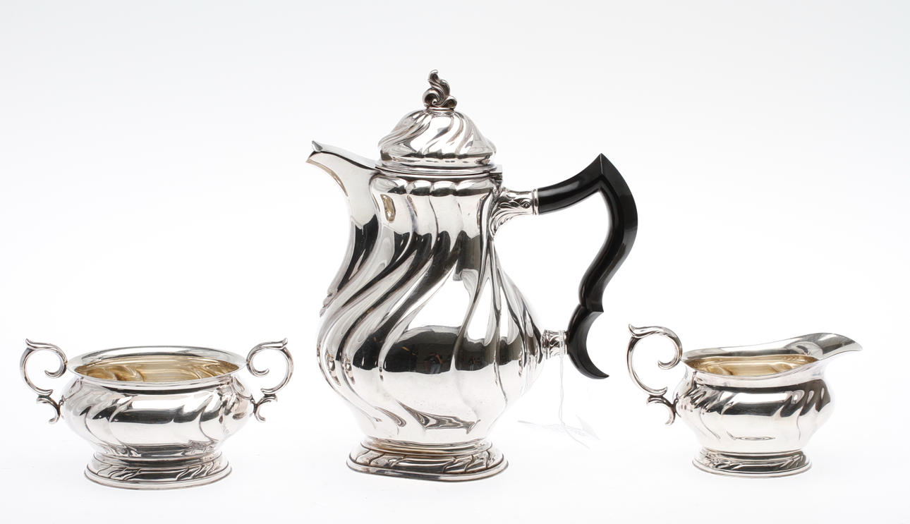 KAFFESERVIS, 3 delar, nysilver, rokokostil, CG Hallberg.