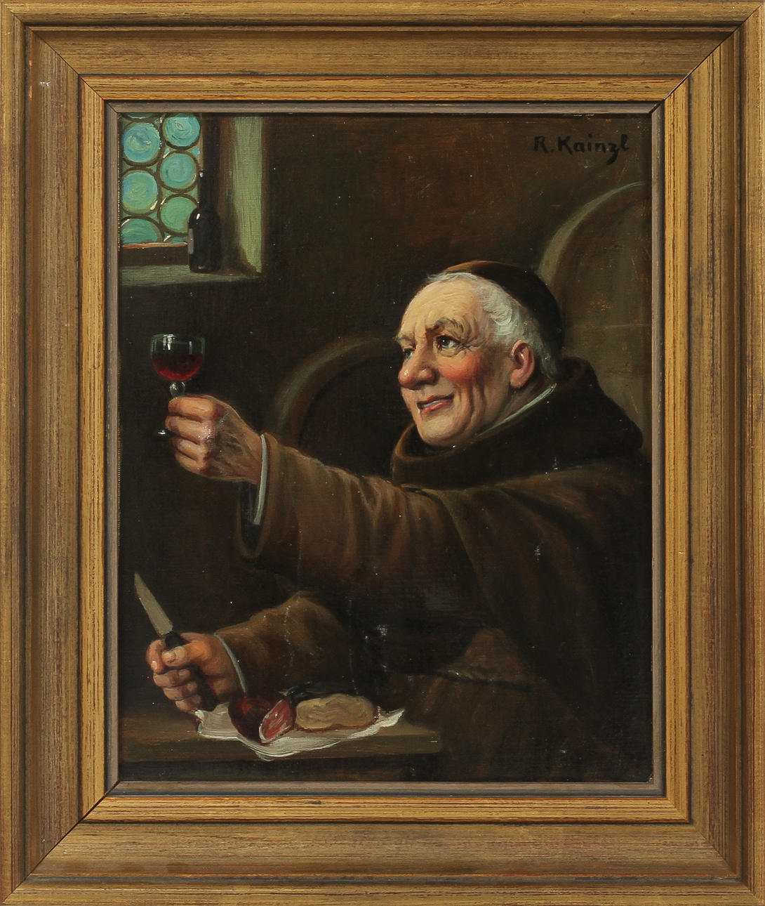 Oidentifierad konstnär, vindrickande munk, olja på duk, sign R.Kainzl.