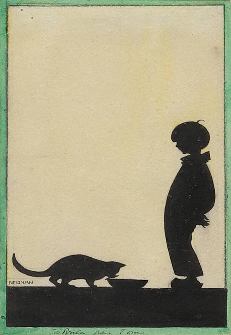 EINAR NERMAN. Der Junge mit einer Katze an einer Schüssel, Tusche, signiert Nerman.