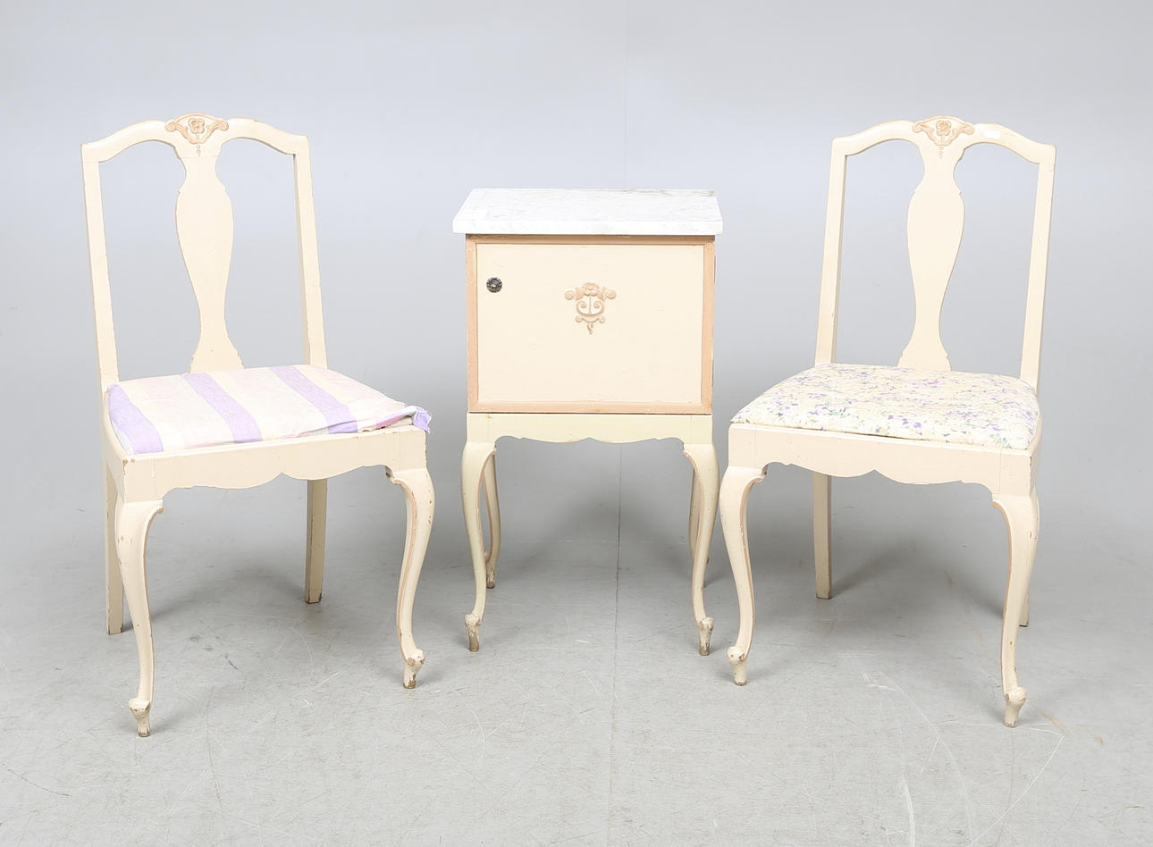 CHAIRS, a pair and BEDROOM TABLE, 1930s / 40s.