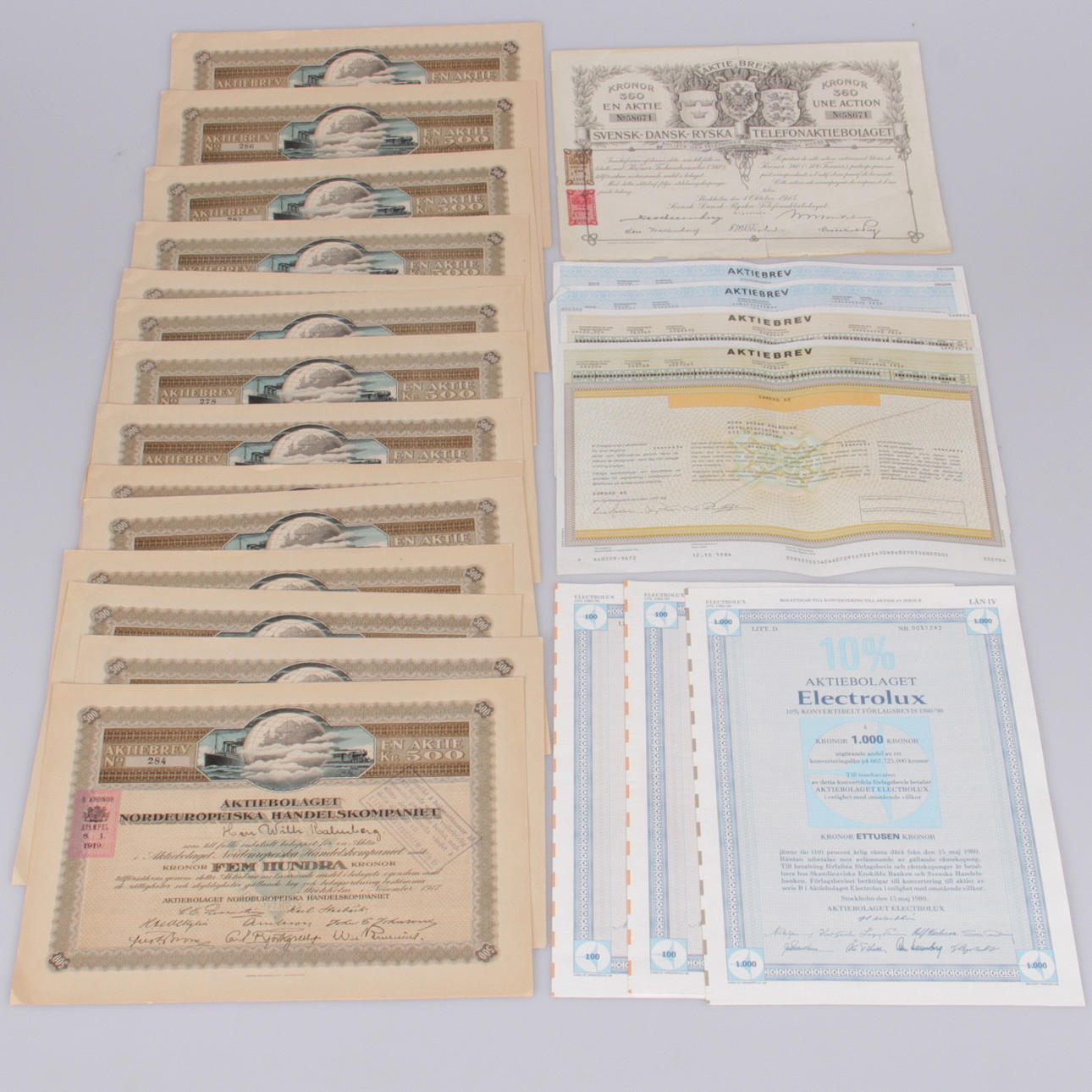 AKTIEBREV, 23 st. Flesta Aktiebolaget Nordeuropeiska Handelskompaniet 1919.
