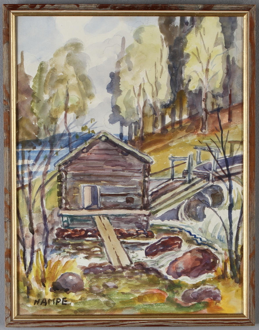 HAMPE SVANBERG. "Den gamla kvarnen i Nämforsen (Pelle Molin Kvarnen)", akvarell, signerad.