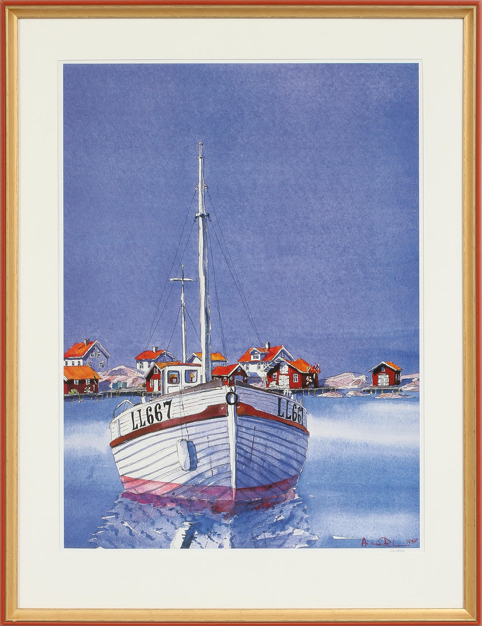 ARIANA RAMHAGE. Kustbild med fiskebåt, colorografi, signerad och numrerad 110/756.