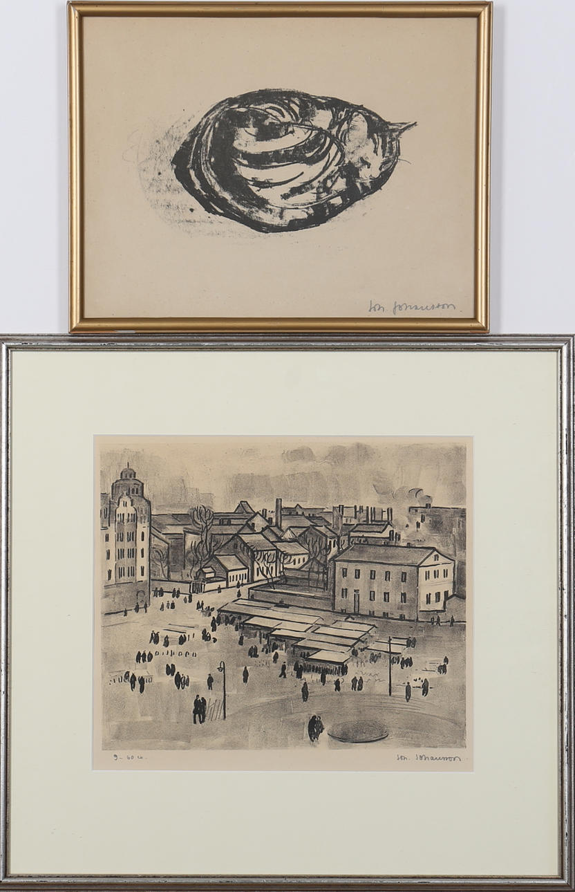JOHAN JOHANSSON. Litografier. 2 st. Clemenstorg i Lund samt Sovande katt. Signerade Joh. Johansson.