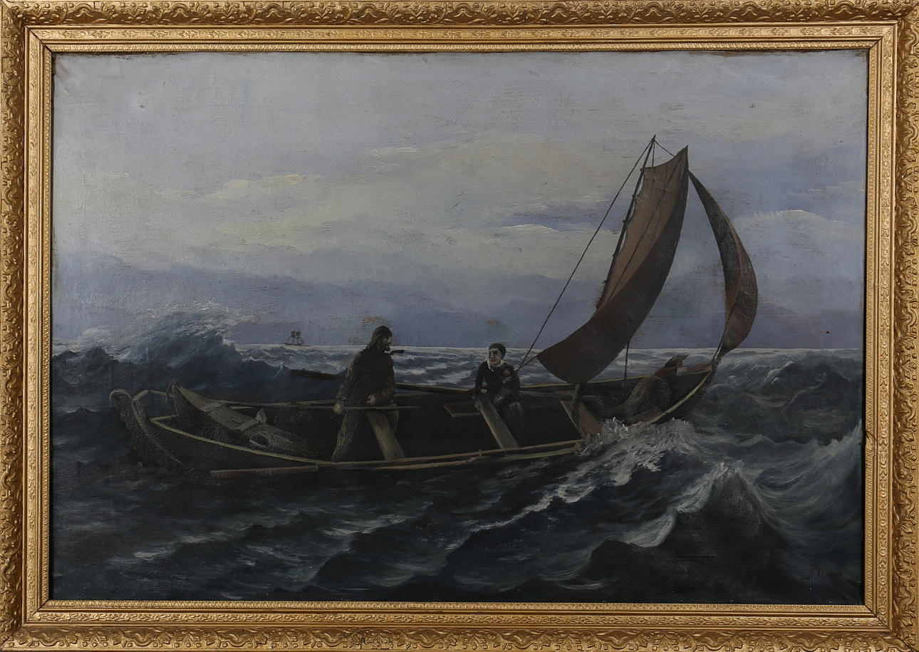 OIDENTIFIERAD KONSTNÄR. Fiskare i segelbåt. Olja på duk. Signerad A Venner.