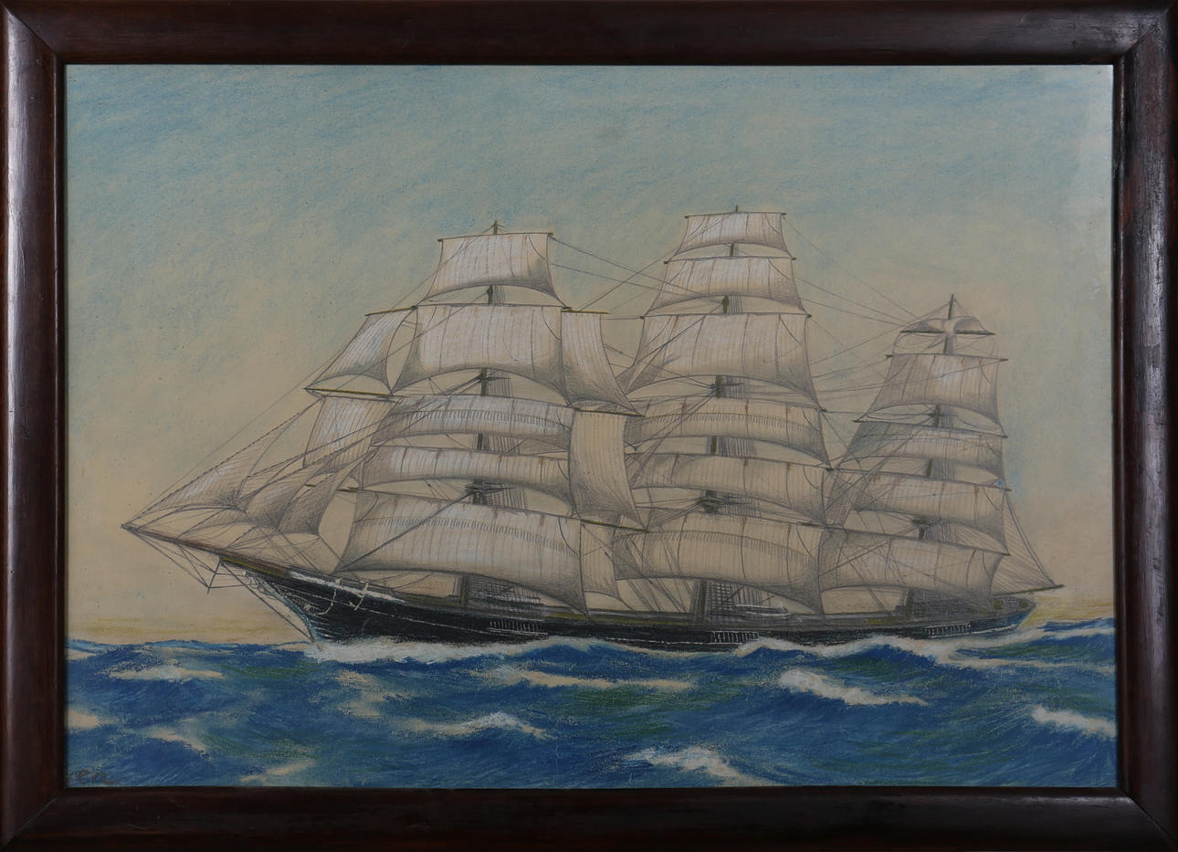 OIDENTIFIERAD KONSTNÄR. Pastell/blyerts. Marin motiv. Otydligt signerad.