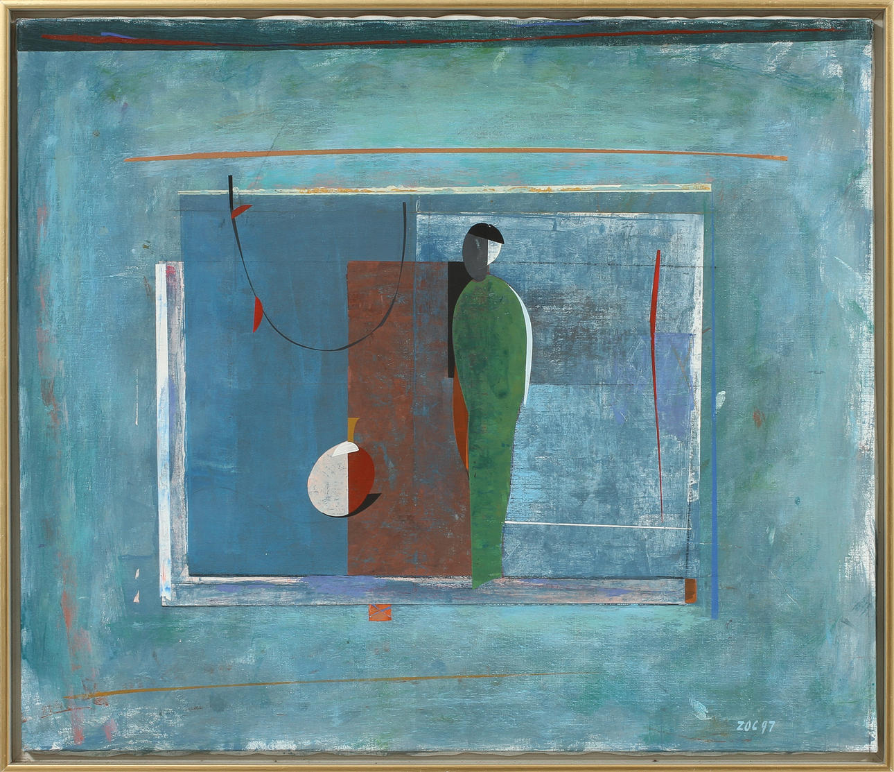 EDWARD ZOC. "Grå interiör med kvinnofigur", acryl på duk, signerad ZOC 97.