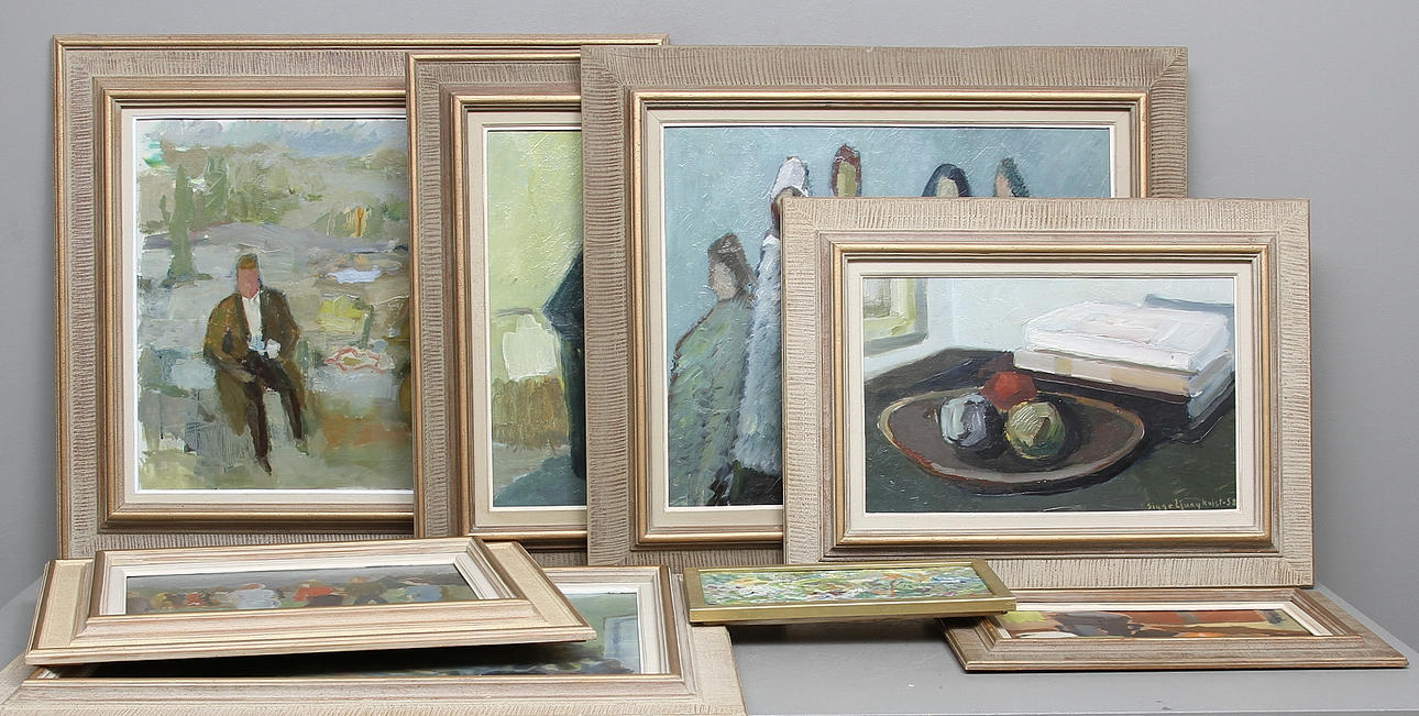 SIGGE LJUNGKVIST. Olja på pannå och duk, 8 st, signerade.