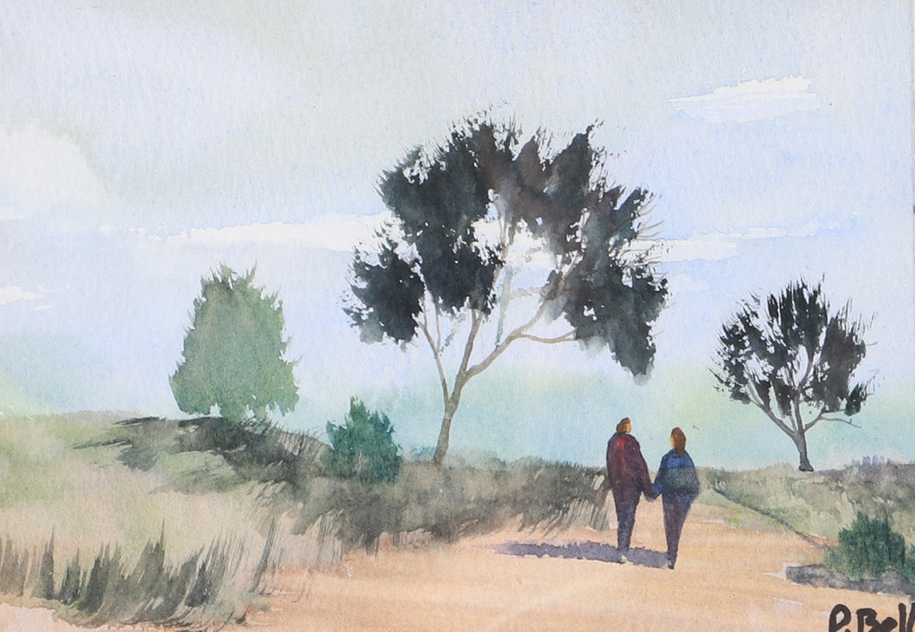 PETER BELL. Couple on the road, watercolour, signed P. Bell.
