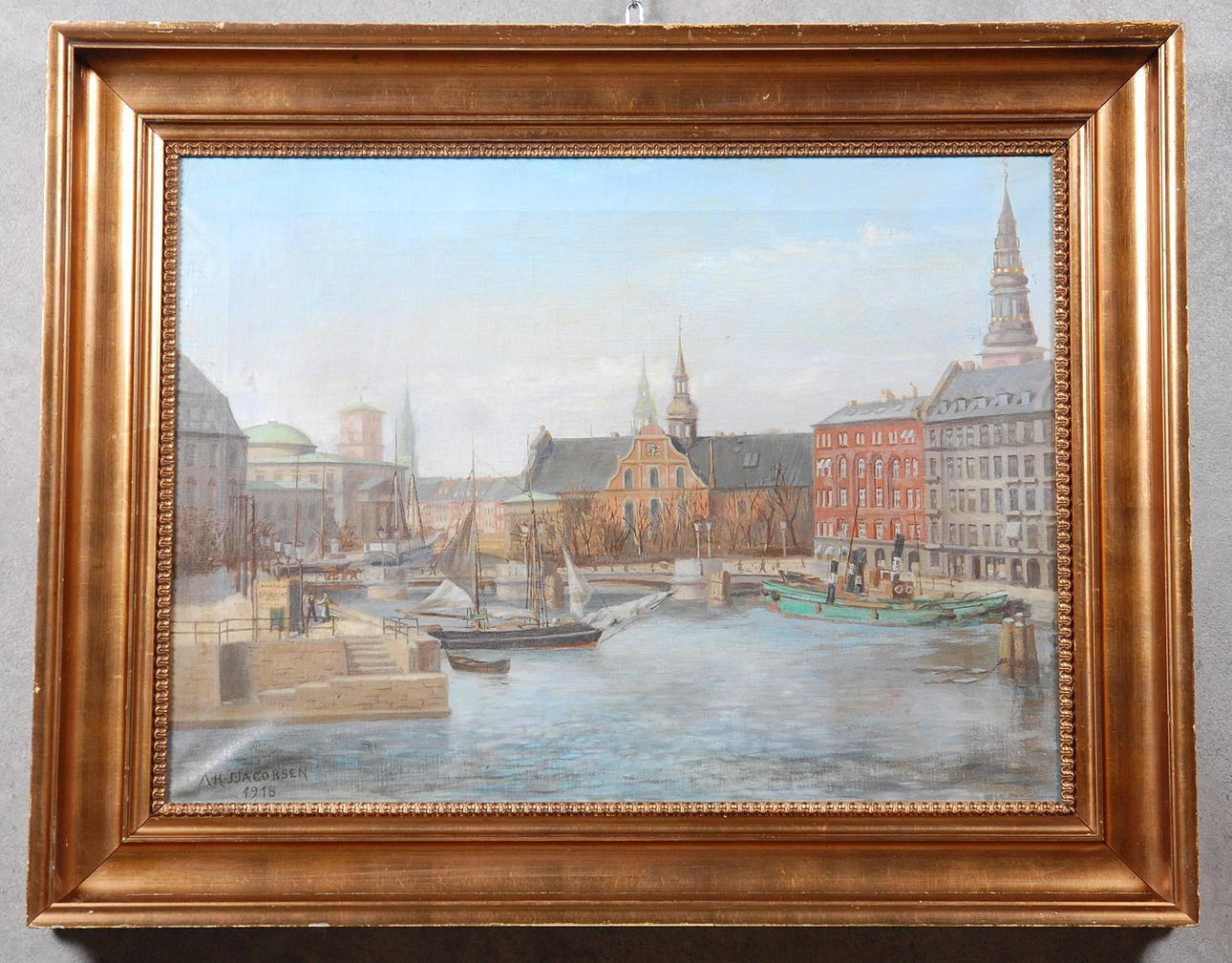 A. H  JACOBSEN. olja på duk, " Köpenhamn " signerad, daterad 1918.