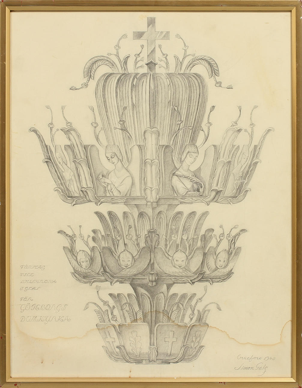 SIMON GATE. Motiv av ljuskrona, blyerts, signerad Orrefors 1940.