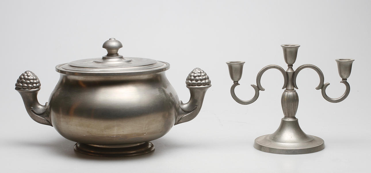 TERRIN och KANDELABER, tenn, GAB, 1930/40-tal.