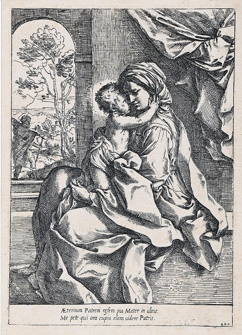GUIDO RENI. Madonna and Child with Saint Joseph in the background ( circa 1590 ). Etching.