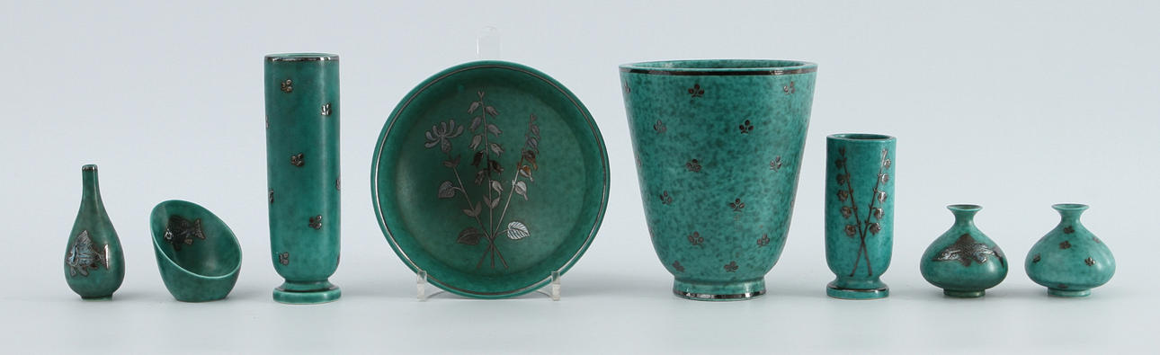 VASER OCH SKÅLAR "ARGENTA", 9 st, stengods. Wilhelm Kåge, Gustavsberg.