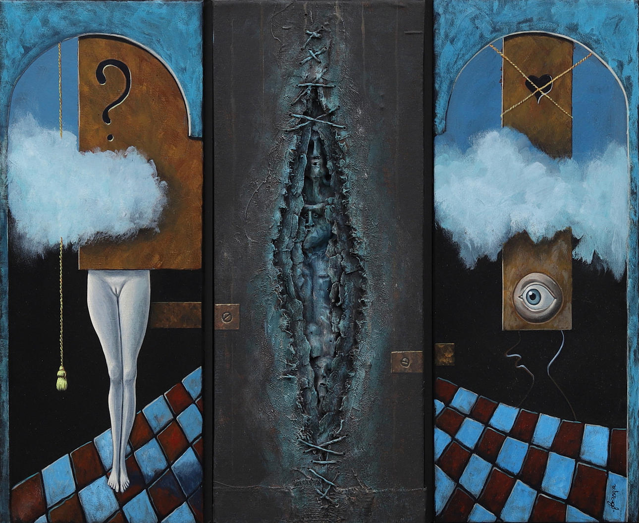 GERT BRASK. Voyeur, triptyk, blandteknik, signerad.